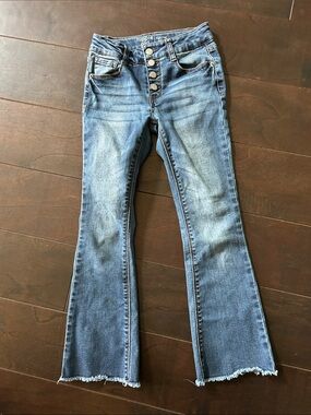 Hippie Girl- Girls Mid-Blue Button-Fly Flare Jeans